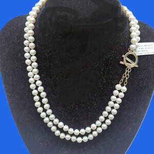 2 Row 6.5-7mm Wh Pearl Necklace Y/G Plated Sterling Silver V Toggle Clasp 19-20"